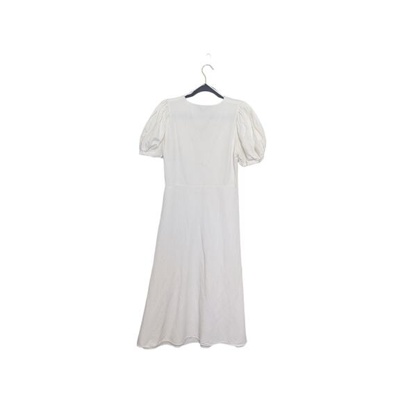 ZARA Ruched Front Puff Sleeve Dress White Womens Large Coastal Rustic Boho Midi - Picture 3 of 7